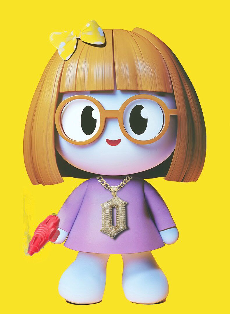 Cartoon character with glasses and a purple outfit on a yellow background